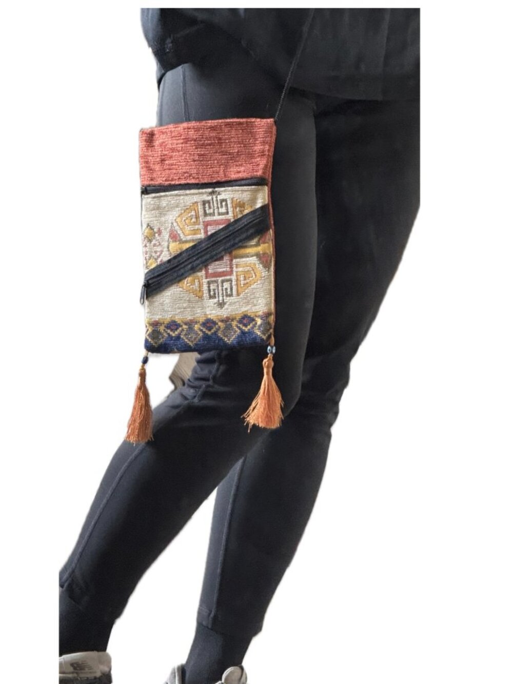 Hediyeler Yundasi Boho Crossbody Tassel bag Turkish Weave Orange Gold
